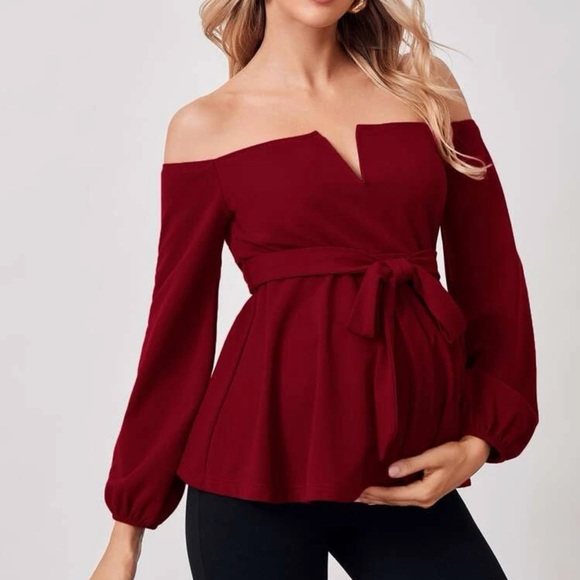 Maternity V Off Shoulder Belted long sleeve Top red burgundy maroon - Picture 1 of 8